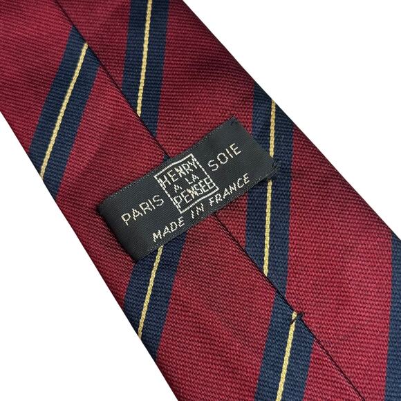 Henry À La Pensée Paris Silk Tie Men's Burgundy Navy Gold Stripe Made in France - Picture 9 of 9